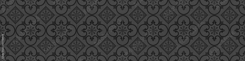 Seamless black anthracite vintage retro grunge cement stone concrete tile wallpaper texture background wide panorama banner, with geometric square rhombus diamond flower pattern print mosaic