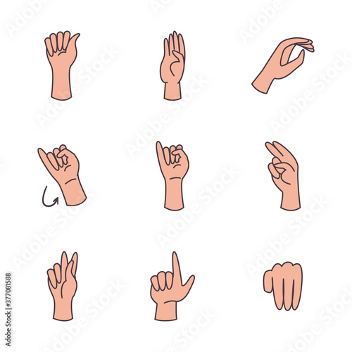 hand sign language alphabet line and fill style icon set vector design