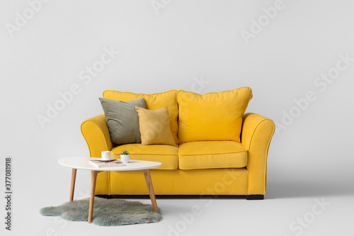 Stylish sofa and table on light background