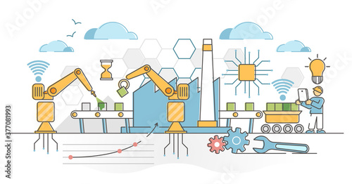 Factory automation with machine technology industrial robots outline concept
