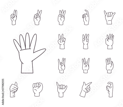 hand sign language alphabet line style collection of icons vector design