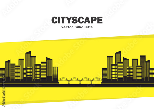Silhouette of two cities connected by bridge on yellow background with space for text. Isolated Cityscape.