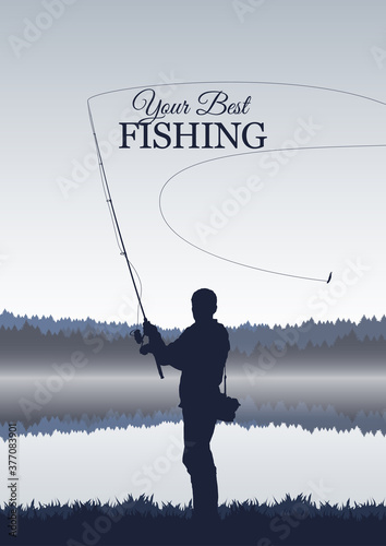 Vector illustration: Isolated silhouette of fisherman on the background of the misty morning lake