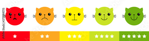Smiley cat kitten kitty face satisfaction emoticon happiness feedback scale. From happy to angry emotion. Red green circle set. Five star rating review survey. Flat design. White background.
