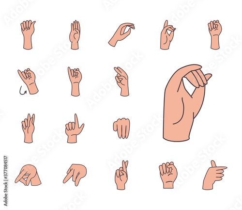 hand sign language alphabet line and fill style set of icons vector design