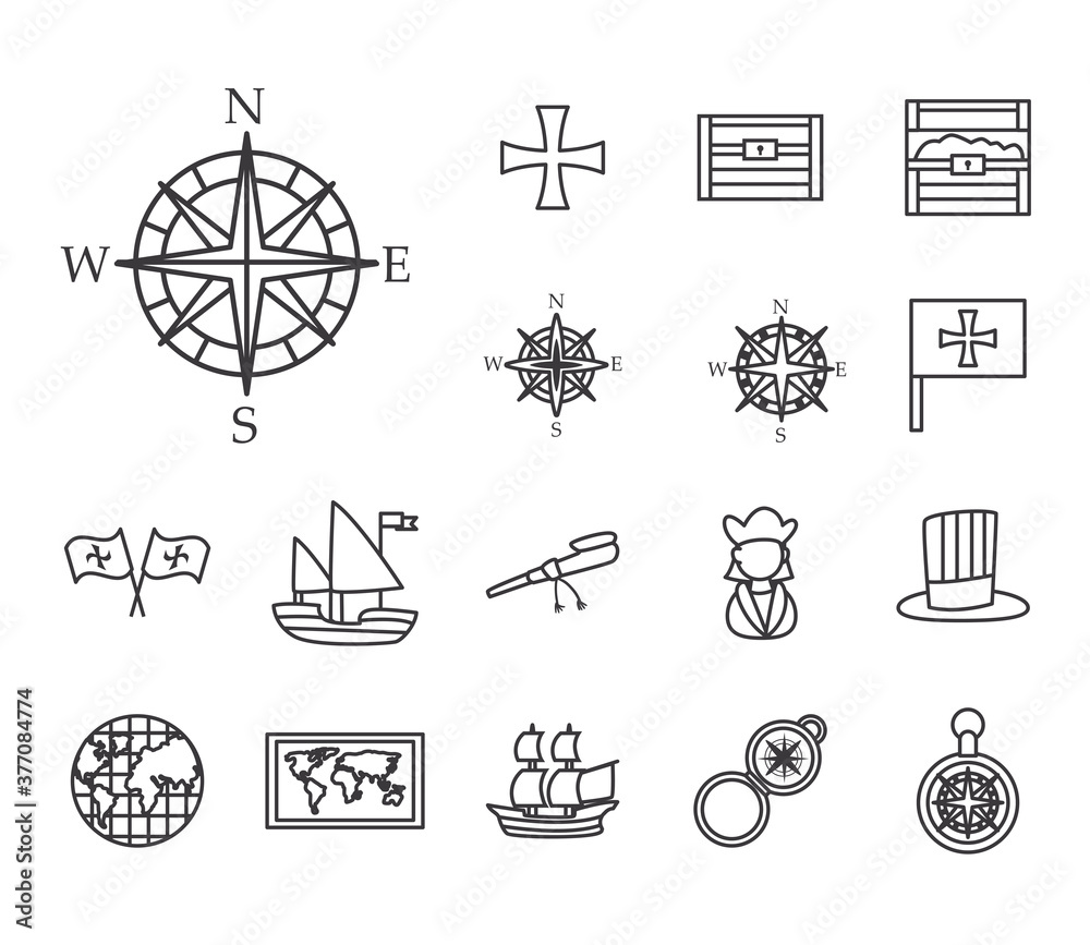 Naklejka premium Christopher Columbus man line style set of icons vector design