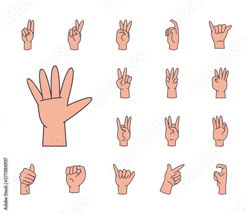 hand sign language alphabet line and fill style collection of icons vector design