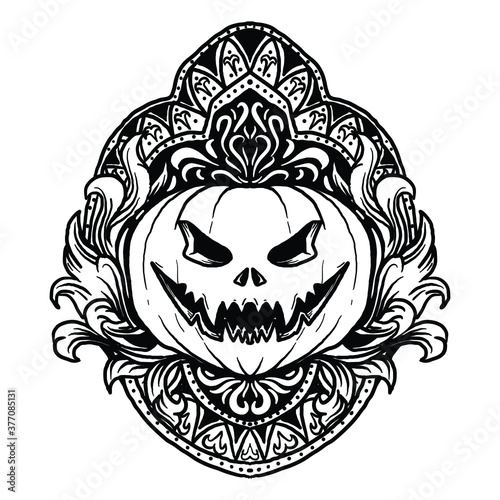 tattoo and t-shirt design black and white hand drawn pumpkin halloween engraving ornament premium vector