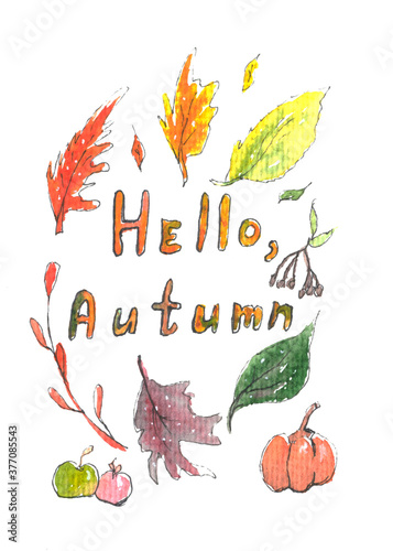 A Watercolor greeting card for Autumn, a wreath with pumpkin, autumn apples, Leaves and berris, a lettering 