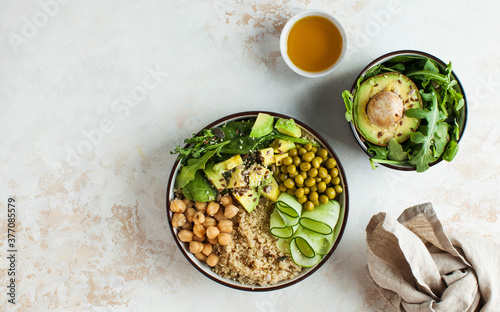 Healthy vegetable lunch from the Buddha bowl with quinoa, avocado, chickpeas. healthy food dish for vegetarians.