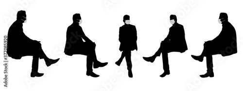 Vector concept conceptual  silhouette men talking while social distancing as means of prevention and protection against coronavirus contamination. A metaphor for the new normal.