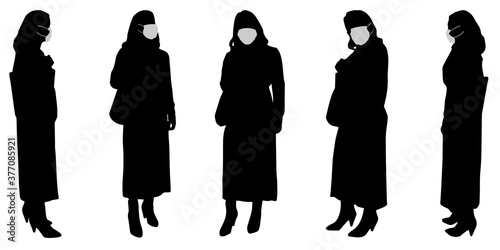 Vector concept conceptual  silhouette women working while social distancing as means of prevention and protection against coronavirus contamination. A metaphor for the new normal.