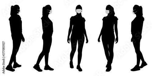 Vector concept conceptual  silhouette women taking while social distancing as means of prevention and protection against coronavirus contamination. A metaphor for the new normal.