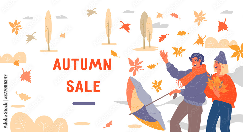 Web banner for autumn season sale or discount, seasonal clearance event with cartoon cheerful couple enjoying fall season weather. Young man and woman in autumn outfit, flat vector illustration.