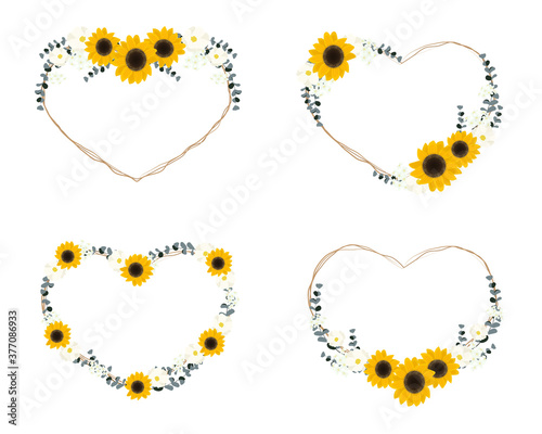 yellow sunflower wild flower and eucalyptus leaf on dry twig bouquet heart wreath frame collection flat style