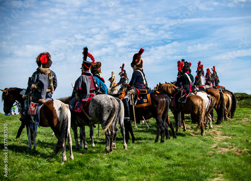 horsemen of the reconstruction of the war of 1812 at the site of the Battle of Borodino