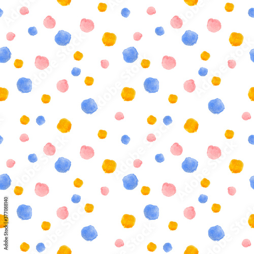 Pink, blue and yellow round spots. Abstract watercolor hand drawn seamless pattern. Perfect for printing on to fabric, design packaging and cover.