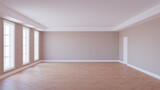 Beautiful Empty Interior with Parquet Floor, Three Large Windows, Beige Walls and White Door, 3d Illustration