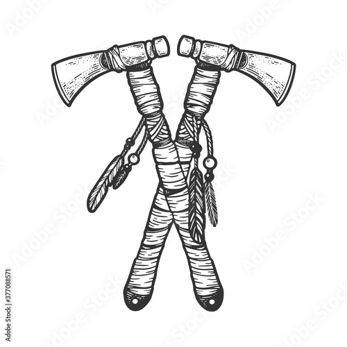Tomahawk crossed sketch engraving vector illustration. T-shirt apparel print design. Scratch board imitation. Black and white hand drawn image.