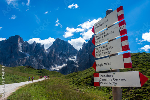Alpine crossroad with signs indicating directions and distances to world famous peaks and huts surrounded by green meadows. Pale di San Martino are visible in the background.Val Venegia-Trentino,Italy