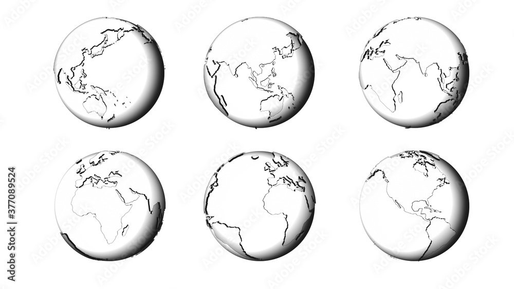 set of 3d silver and white earth plane on white plain background world map