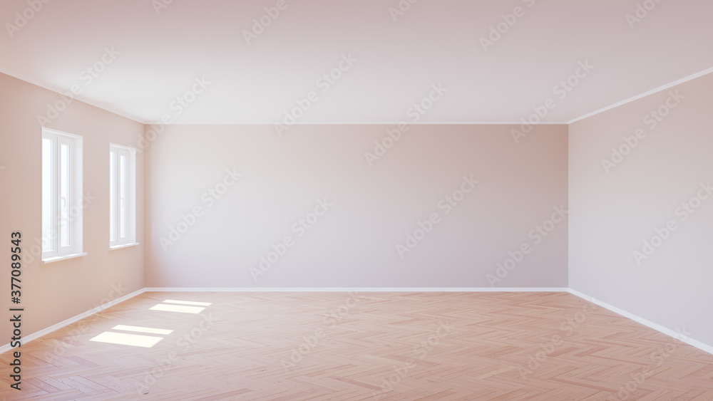 Beautiful Empty Interior with Parquet Floor, Two Plastic Windows, Beige Walls and Plinth, Lit by the Sun, 3d Illustration
Beautiful Empty Interior with Parquet Floor, Two Plastic Windows, Beige Walls and Plinth, Lit by the Sun, 3d Illustration