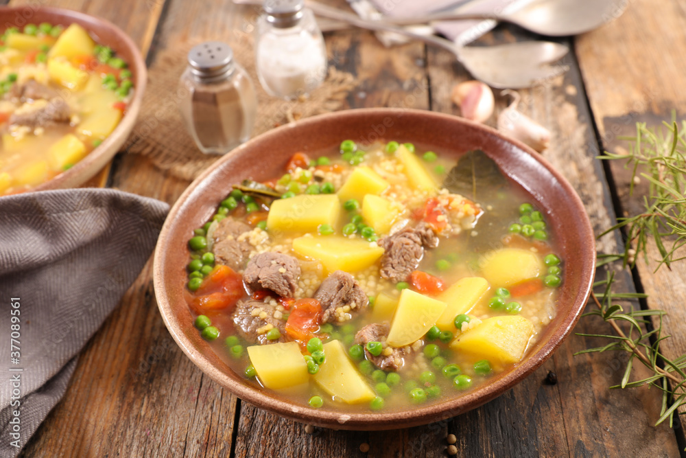 beef soup with potato, pea and carrot beef soup with potato, pea and carrot