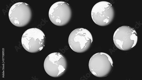 set of 3d silver and white earth plane on black plain background world map 8