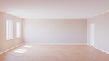 Beautiful Empty Interior with Parquet Floor, Two Plastic Windows, Beige Walls, White Door and White Baseboard, Lit by the Sun, 3d render
