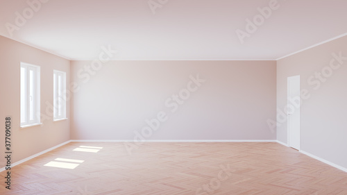 Beautiful Empty Interior with Parquet Floor, Two Plastic Windows, Beige Walls, White Door and White Baseboard, Lit by the Sun, 3d render 