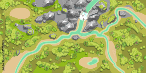 The terrain. Top view. Mountains, river, sea, forest. View from above.