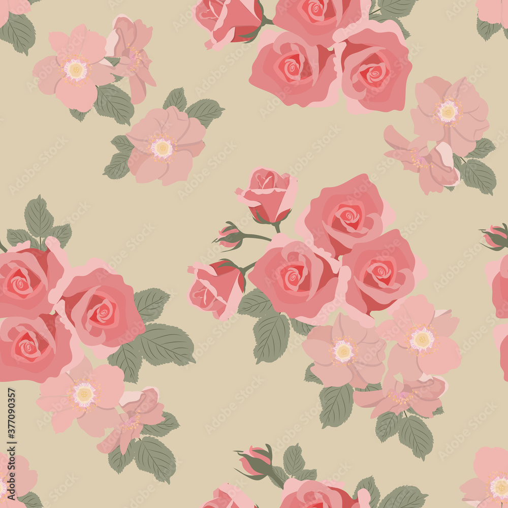 Seamless vector illustration with tender roses and rosehip flowers