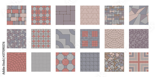 A set of street pavement. Top view. Collection of seamless patterns. Paving slabs. View from above.