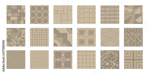A set of street pavement. Top view. Collection of seamless patterns. Paving slabs. View from above.