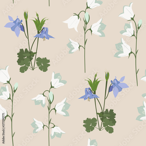 Seamless vector illustration with aquilegia and campanula