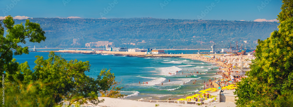 Varna, Bulgaria. Cityscape, summer aerial view toward beach. People having fun. Best holiday destination