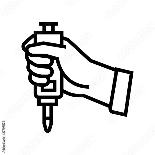 hand holding chemical tool line icon vector. hand holding chemical tool sign. isolated contour symbol black illustration