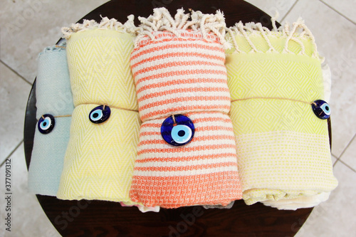 Antalya, Turkey, June 26, 2020. Multicolored cotton bath towels with ornaments