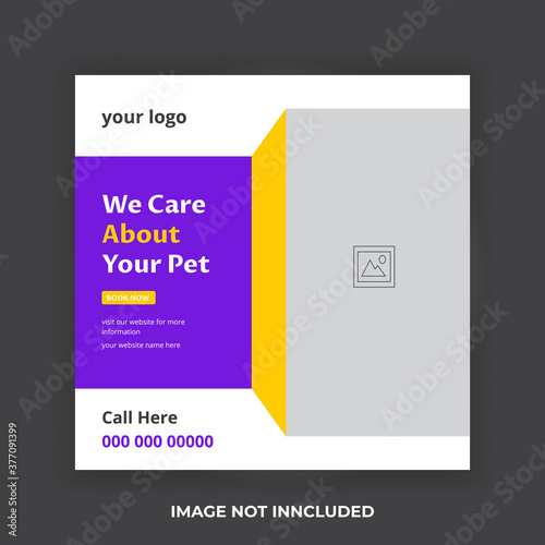Pet care social media banner or web banner template. Pet care service promotional banner. Pet shop bundle stories, pet your grooming wellness, square flyer design template