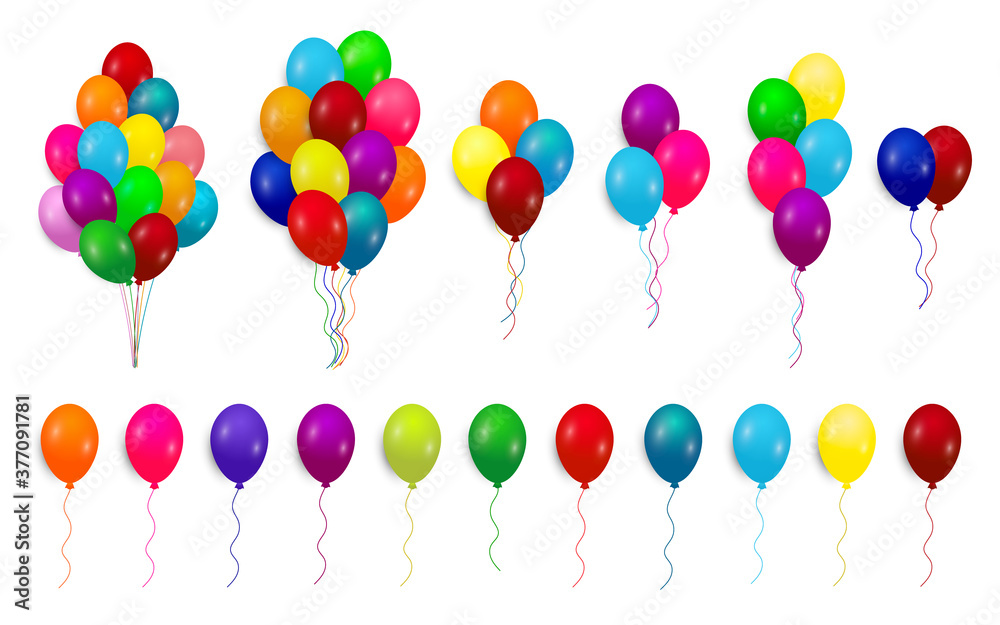 Helium balloons colorful set, piles and groups isolated on a white background. Vector illustration