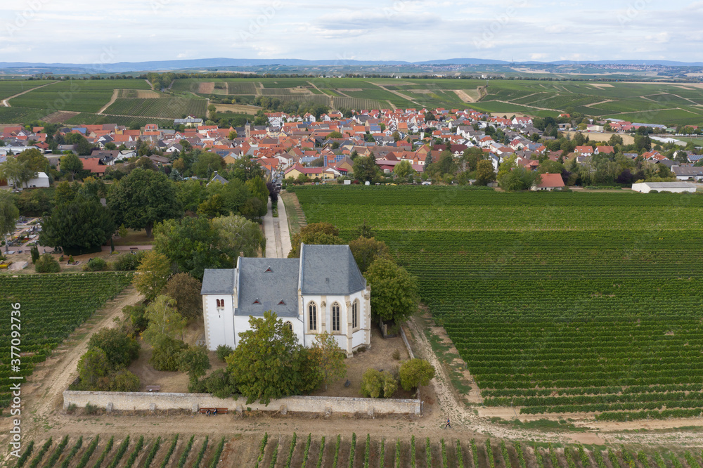 Aerial view of the mountain church of Udenheim / Germany in Rhineland-Palatinate