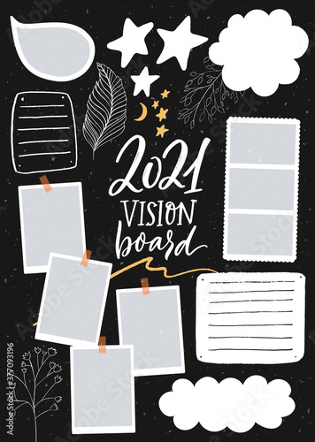Vision board template with place for goals, lists, photos and inspiration. Dream collage for teens, nursery poster design. Journal page for planning, new year resolutions in 2021