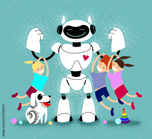 Babysitter robot with children vector illustration. Robot Nanny with Kids. Futuristic assistant. Kind robot home assistant plays with children.