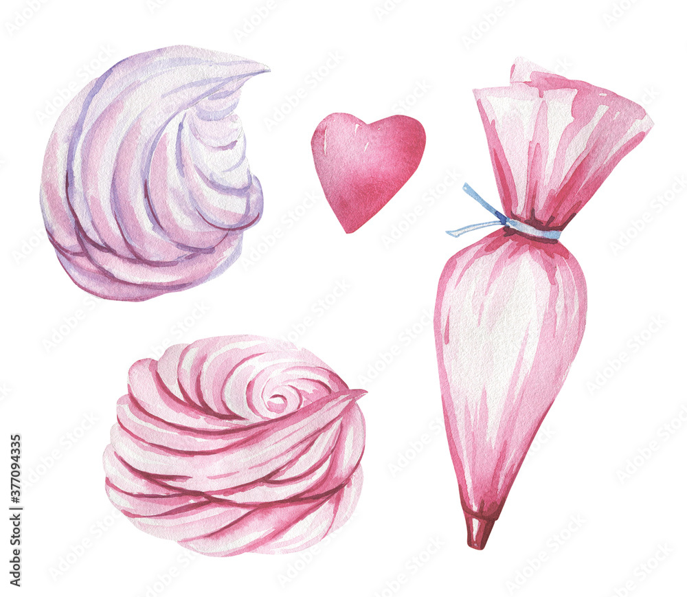 Collection of cakes cream hand-drawn in watercolor and isolated on a white background. High quality illustration Collection of cakes cream hand-drawn in watercolor and isolated on a white background. High quality illustration