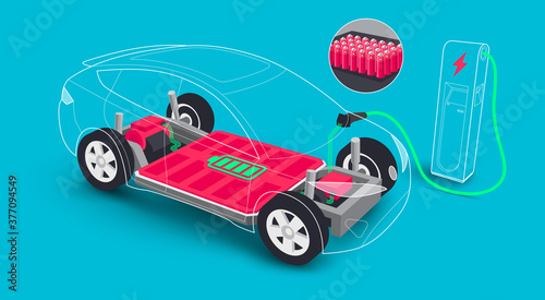 Modern electric car modular platform board charging battery pack rechargeable cells inside. Electric skateboard module chassis components, motor powertrain, controller. Isolated vector illustration