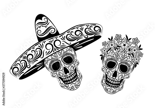 Skulls in Mexican sombrero headdresses and a wreath of flowers with an ornate pattern. Black isolated drawing on a white background. The day of the Dead. Halloween.