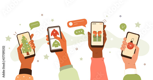 People Buying Online on Smartphones. Boys and Girls Choosing, Making Orders and Purchasing Holiday Goods. Christmas Shopping Online in Mobile App. Flat Cartoon Vector Illustration.