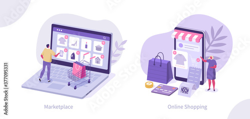 People Characters Buying Goods Online on Internet Marketplaces. Female and Male Buying Online in Mobile App. Mobile Shopping and Retail Concept. Flat Isometric Vector Illustration.