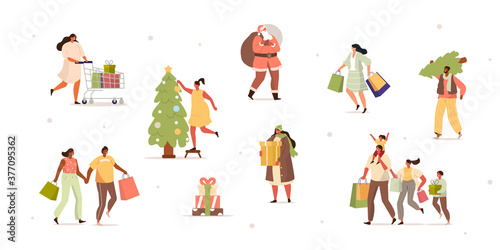 People Shopping on Holidays. Females and Males Buying Christmas Tree, Gifts, Presents and other Holiday Goods. Family Holiday Routine. Christmas Shopping Concept. Flat Cartoon Vector Illustration.  © Irina Strelnikova