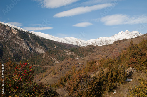 Peaks of the Ordesa and Monte Perdido National Park. From left to right  Monte Perdido  Soum de Ramond and Punta de las Olas. Huesca. Aragon. Spain.